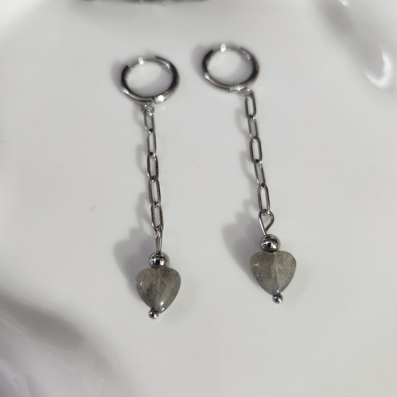Handmade Labradorite Heart Huggie Drop Earrings - Picture 6 of 6